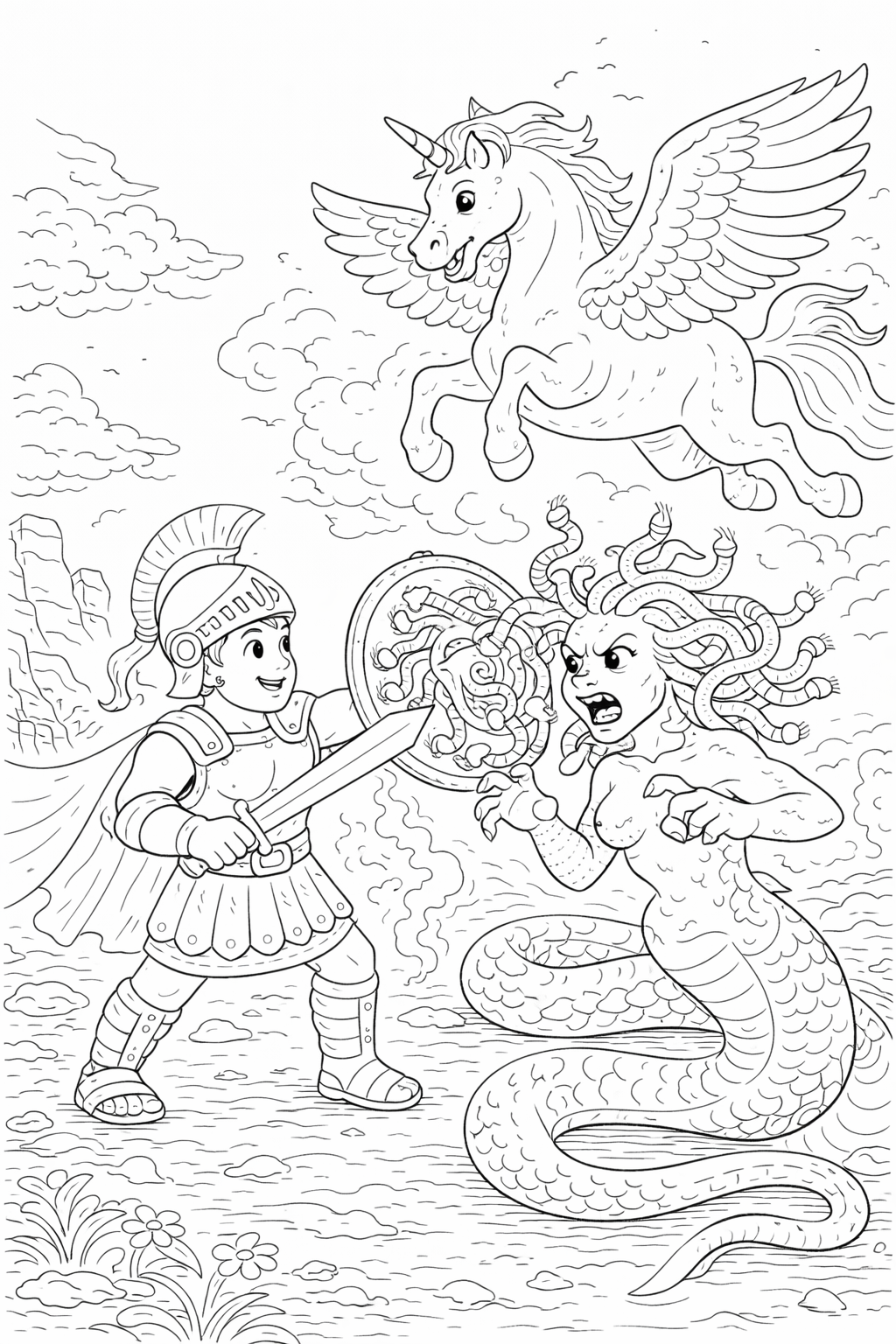 A children's coloring page depicting a mythological scene with a warrior, a snake-haired creature, and a flying horse, representing a classic tale from Greek mythology.