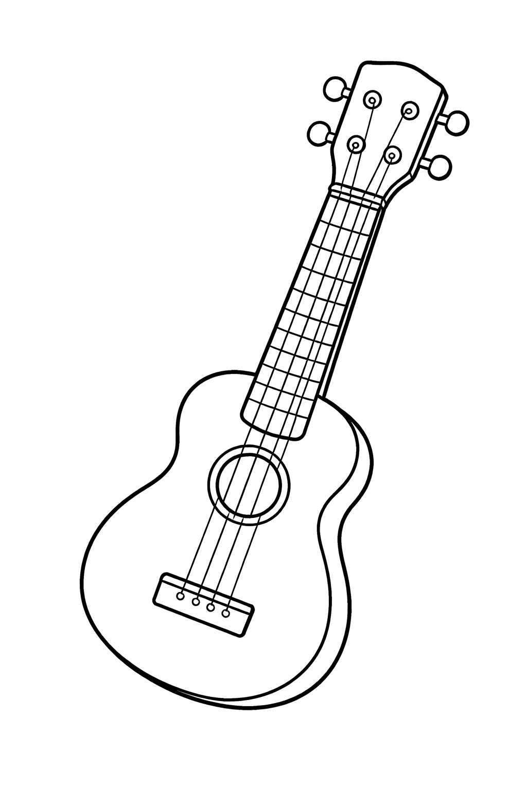 An outline of a guitar designed for children to color, showing the body, neck, and strings clearly.