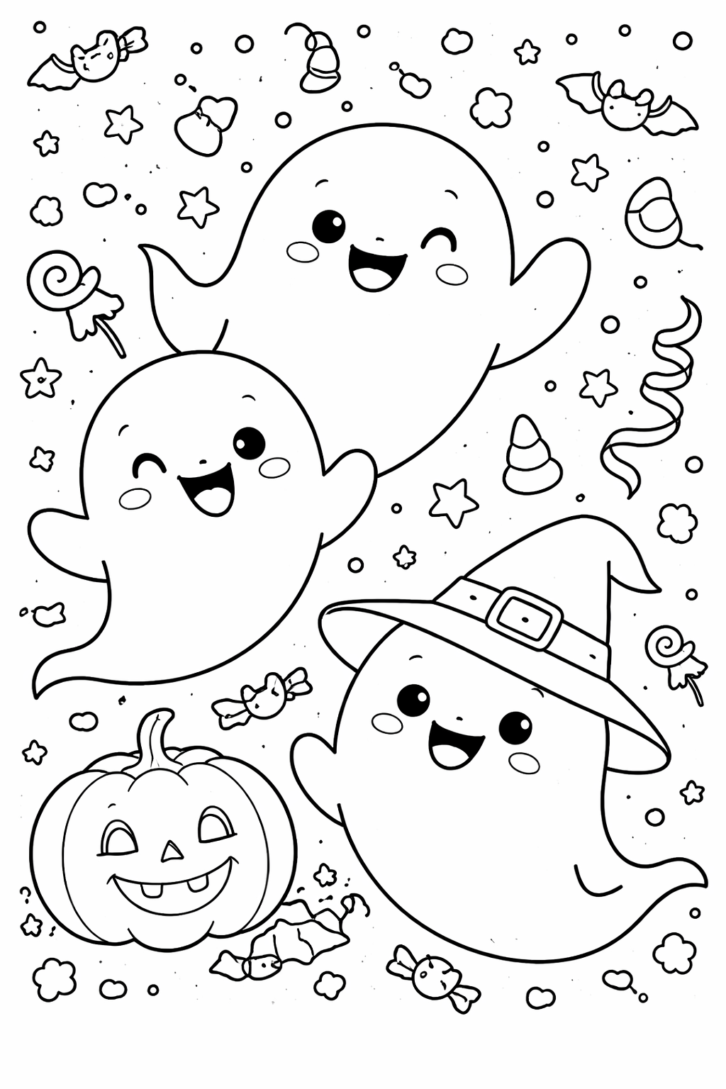 Three playful ghosts and a jack-o'-lantern surrounded by candies and stars. This Halloween-themed coloring page offers kids an engaging way to celebrate the spooky season with fun and creativity.