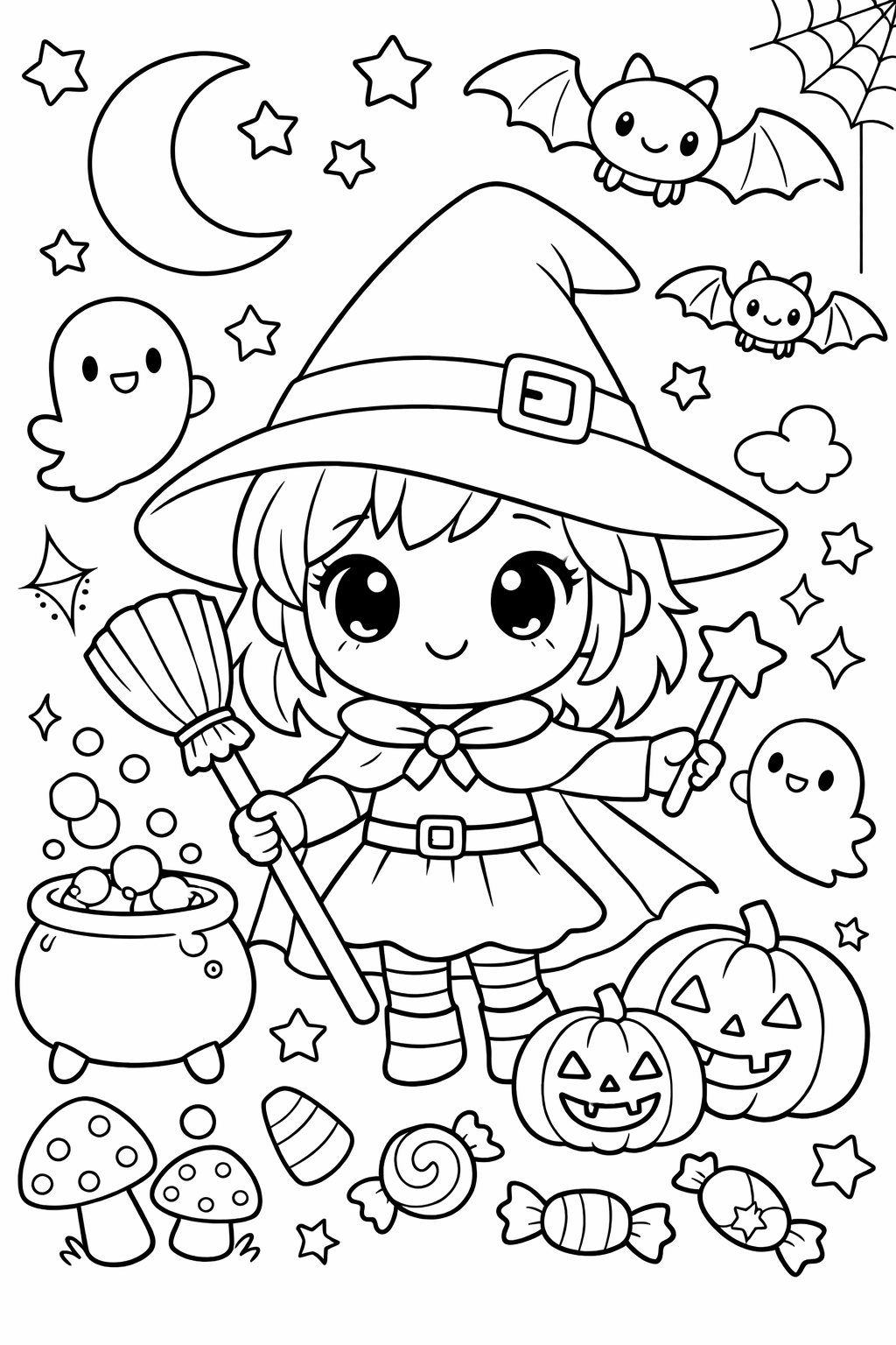 A charming Halloween coloring page depicting a cute witch in a hat, holding a broomstick and surrounded by pumpkins, friendly ghosts, bats, and a cauldron, set against a starry sky, capturing a fun and magical spooky vibe.