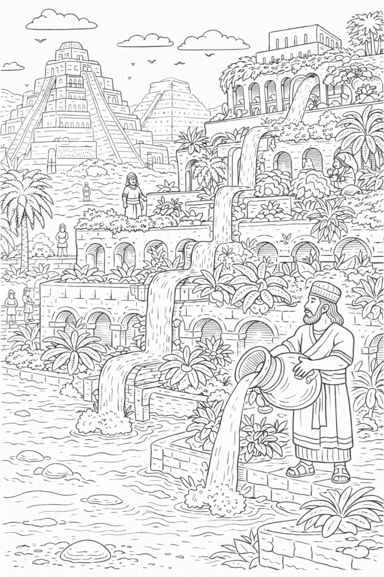 A detailed children's coloring page depicting the ancient Hanging Gardens with cascading waterfalls, greenery, and historic structures, offering a glimpse into one of the Seven Wonders of the Ancient World.