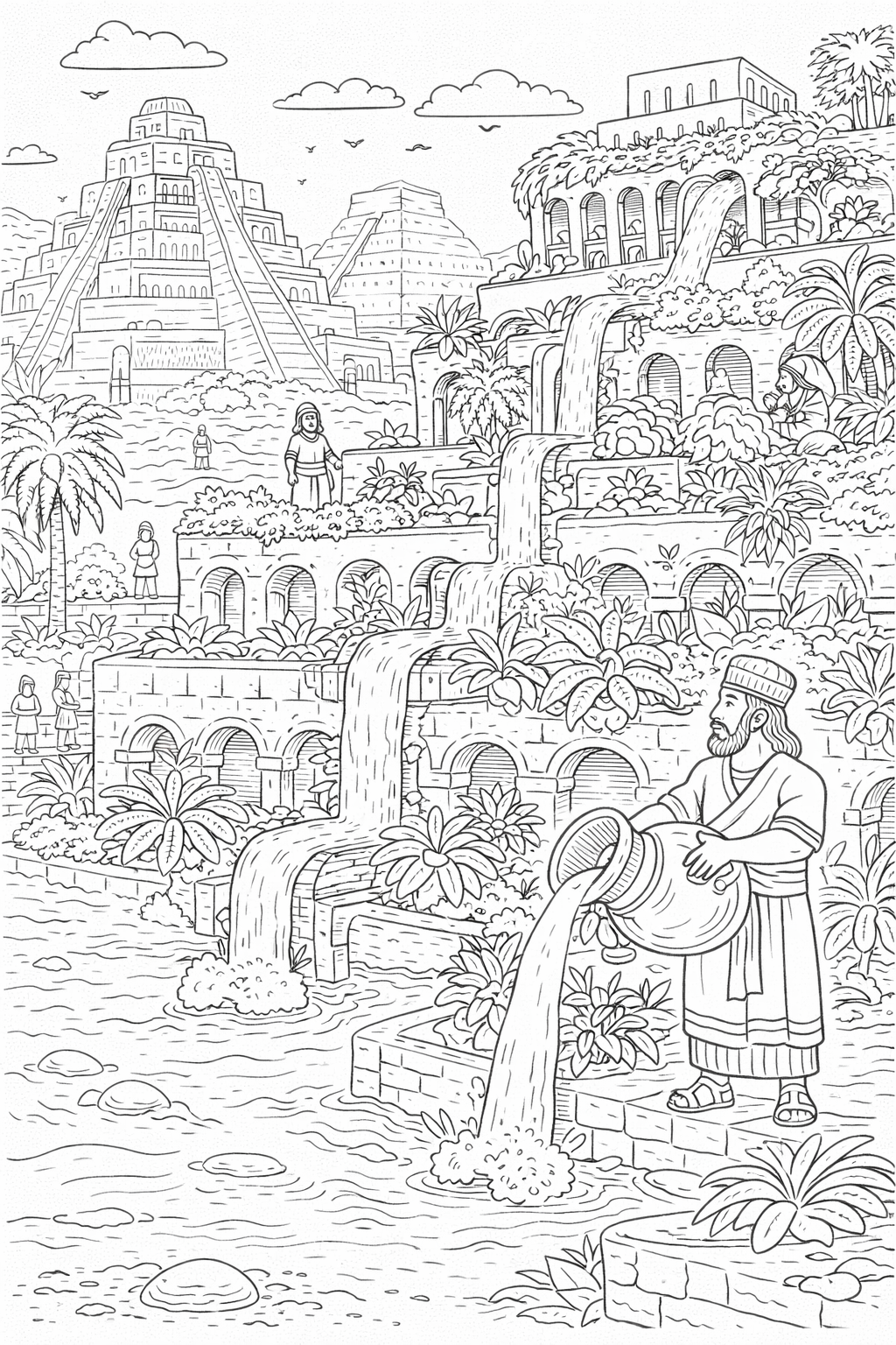 A detailed children's coloring page depicting the ancient Hanging Gardens with cascading waterfalls, greenery, and historic structures, offering a glimpse into one of the Seven Wonders of the Ancient World.