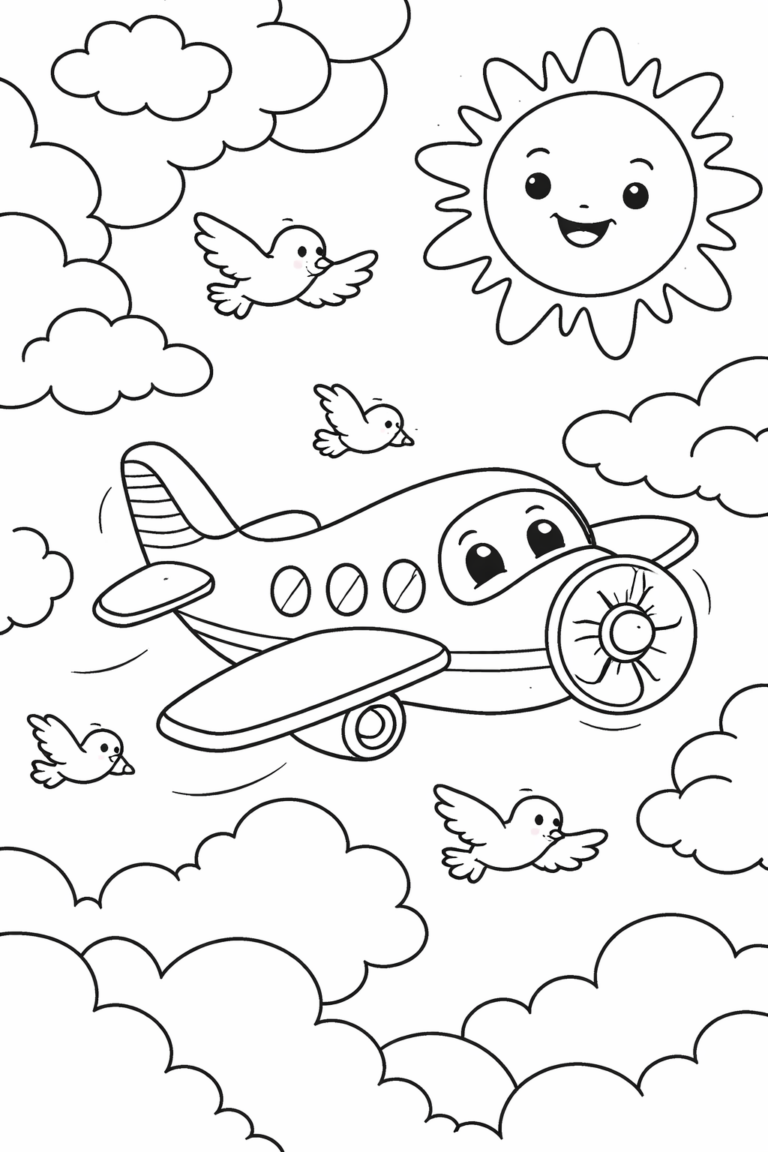 A cute airplane flies alongside smiling birds and a cheerful sun among fluffy clouds, creating a joyful and lively scene for kids to color.