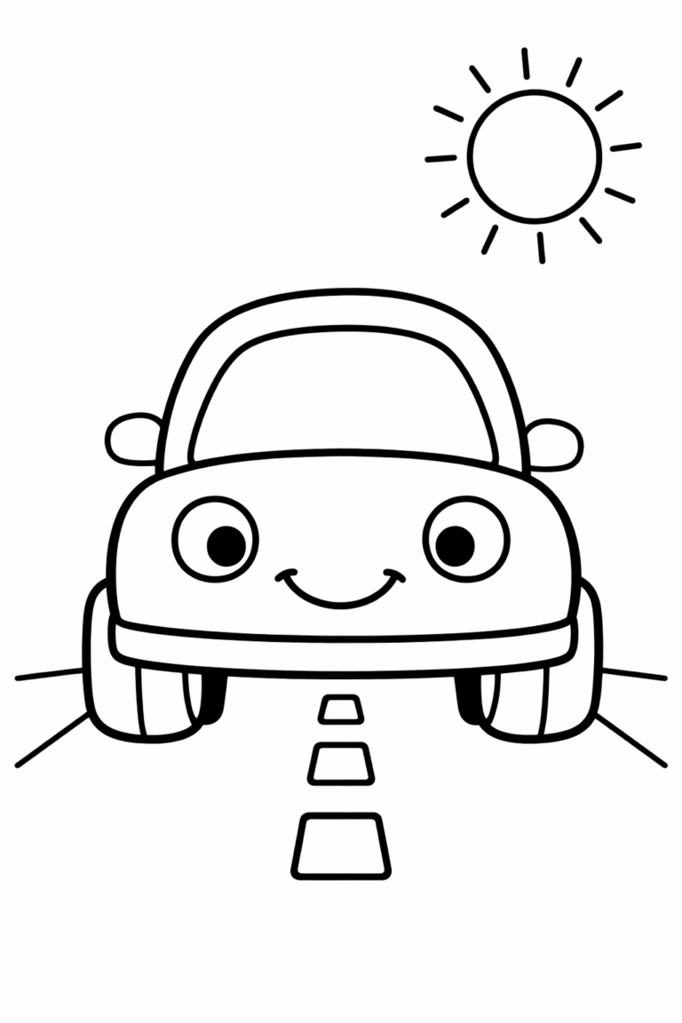 A happy car with a smiling face driving down the road under a sun. This coloring page is designed for young children to encourage creativity and motor skills.
