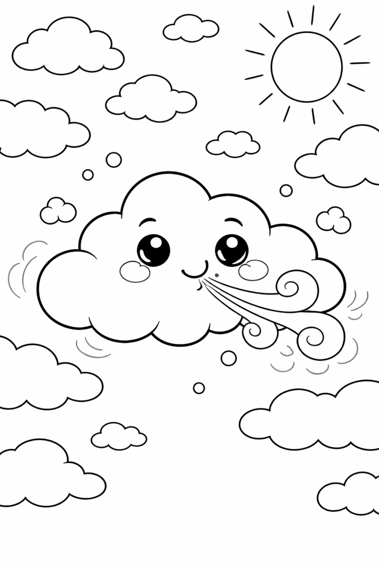 A charming coloring page with a smiling cloud blowing air, along with fluffy clouds and a bright sun in the sky, designed for kids to explore their creativity and enjoy imaginative weather scenes.