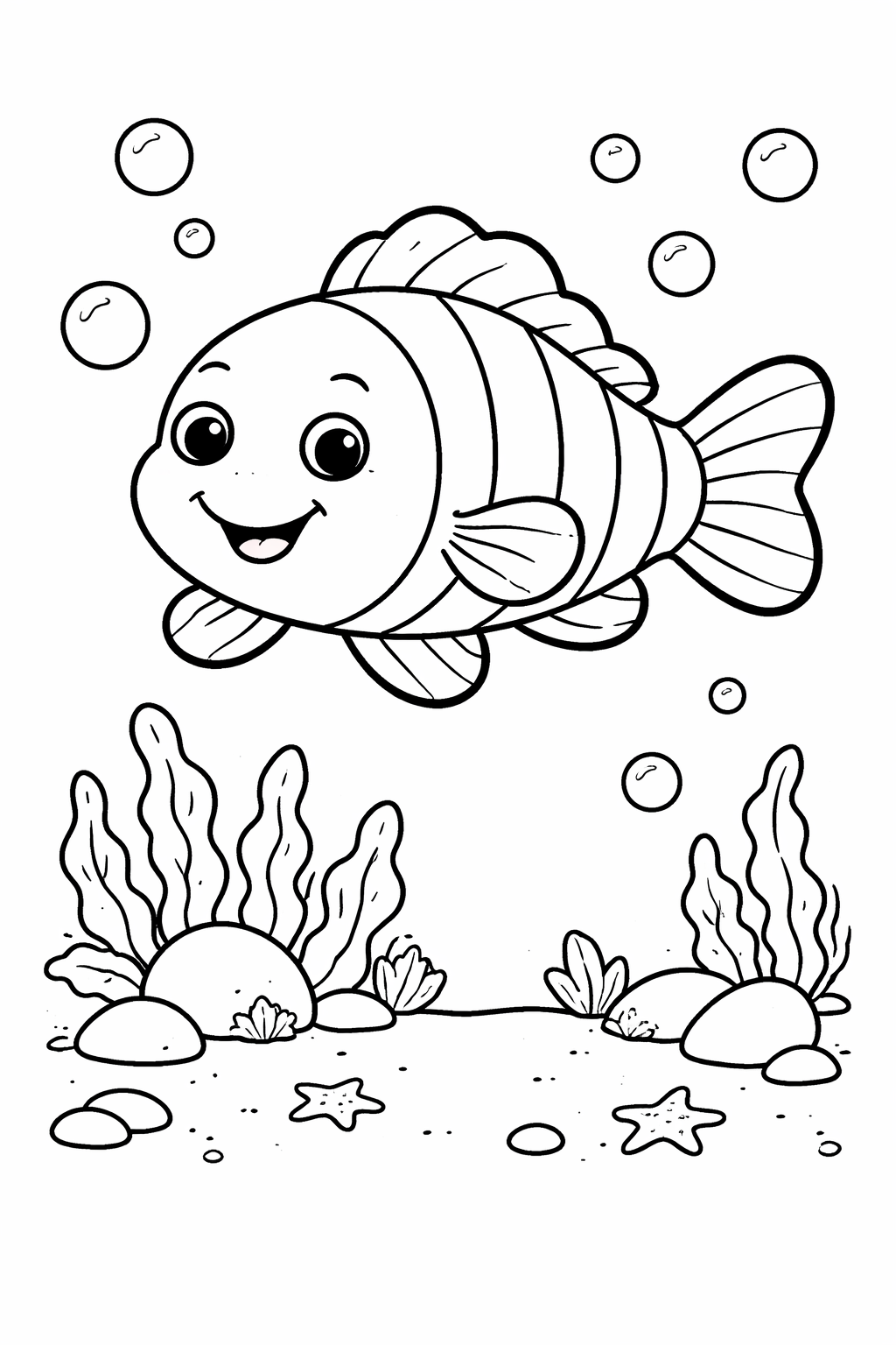 A cheerful fish swims among bubbles and plants in this coloring page. Children can color the fish and seaweed, creating a vibrant underwater scene perfect for imaginative fun and creativity.