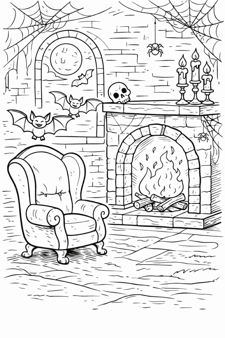 A Halloween-themed coloring page showing a haunted living room with a fireplace, armchair, bats, spider webs, and a skull. The scene is both spooky and cozy, offering children an opportunity to use their imagination and creativity with colors.