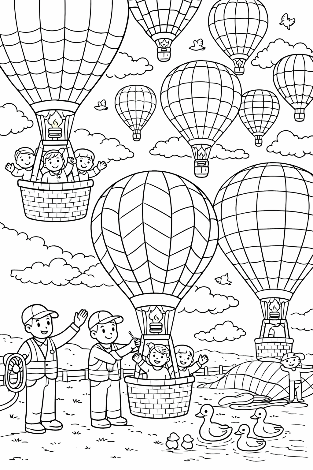 Coloring page featuring cheerful people in hot air balloons floating in the sky, with clouds and birds surrounding them. Children on the ground excitedly watch the vibrant balloons ascend.