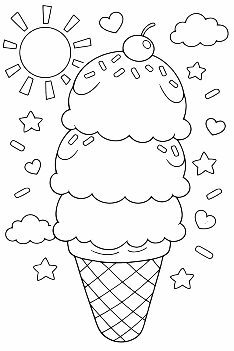 Kids can color a delightful ice cream cone with three scoops, sprinkles, and a cherry, surrounded by stars, hearts, clouds, and a sun, creating a vibrant scene.