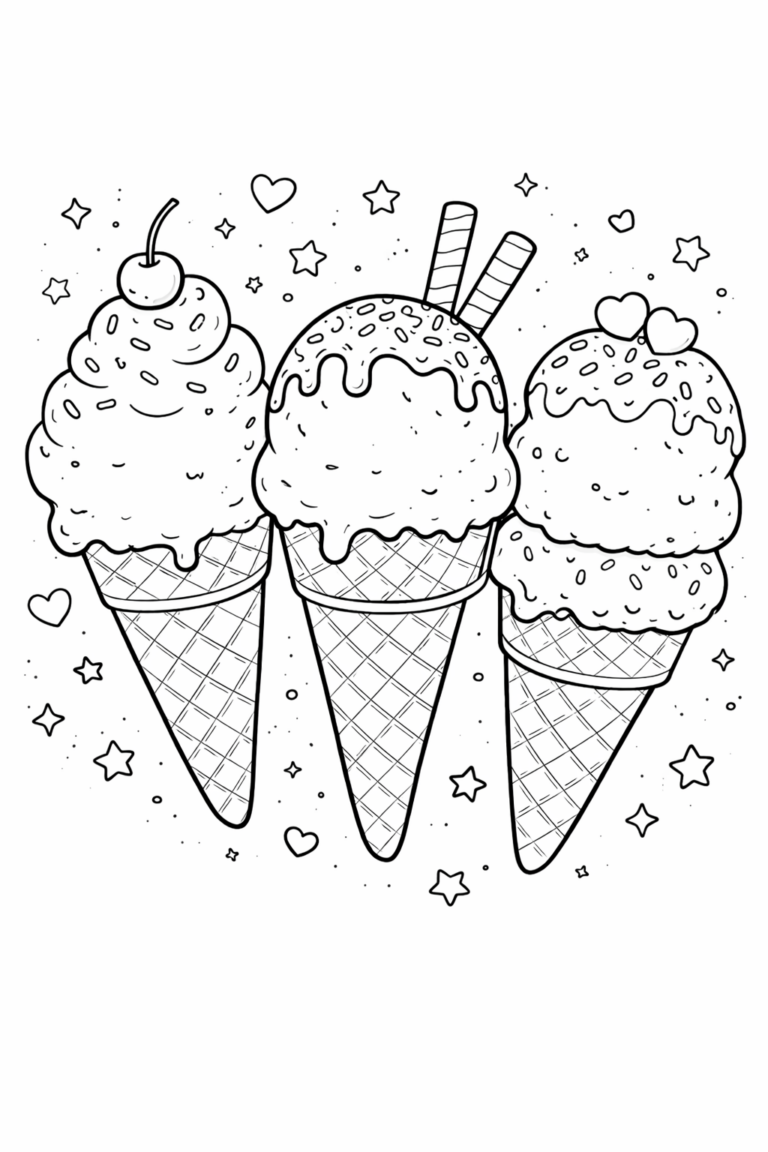 A delightful coloring page showing three ice cream cones with toppings and decorations like sprinkles, cherries, and wafers. Stars and hearts surround the cones, inviting children to color with creativity and imagination.