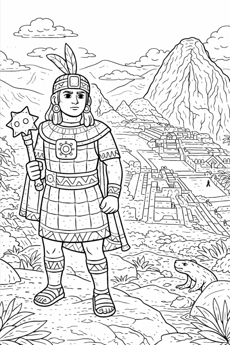 A brave Inca warrior stands proudly in traditional dress, holding a ceremonial staff. Behind him, an ancient Inca city mingles with the towering majestic mountains, creating a historical and adventurous atmosphere for coloring.