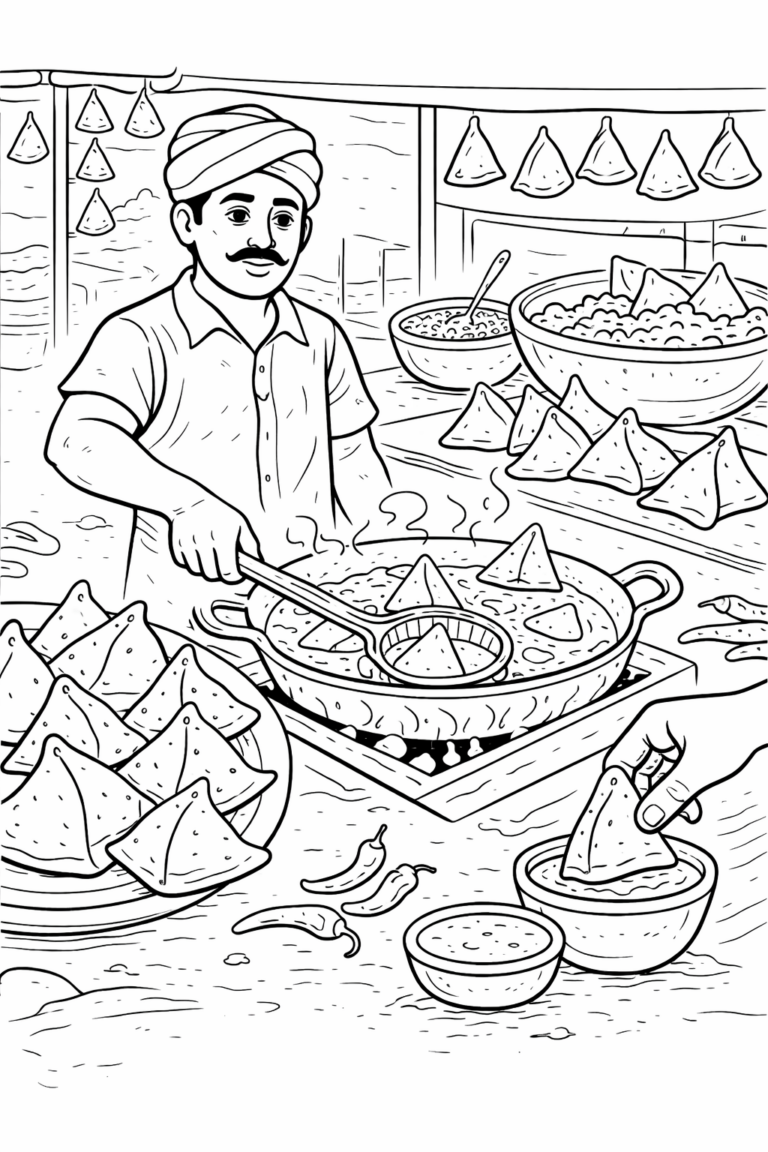 Children's coloring page showing an Indian street food vendor frying samosas. The scene includes details of a food stall, large pan with samosas, and condiments. A hand dips a samosa into a sauce, creating an engaging activity for kids to color.