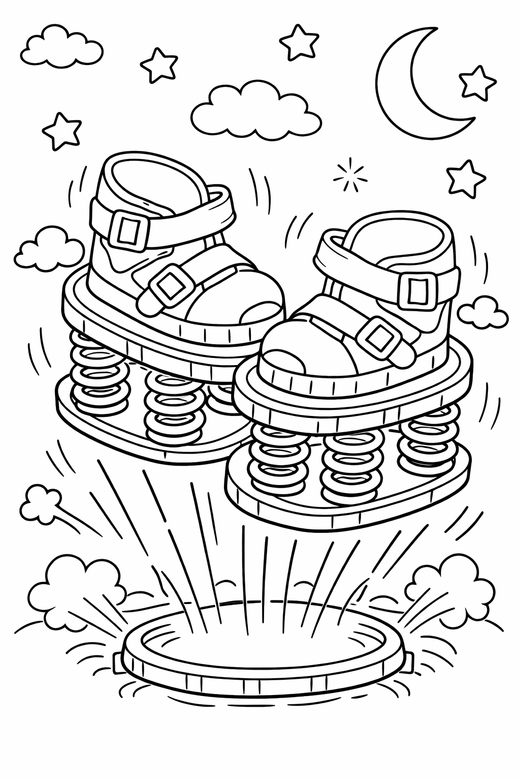 Coloring page featuring jumping boots in a whimsical sky with stars, clouds, and a crescent moon, ideal for kids to color and spark their imagination.
