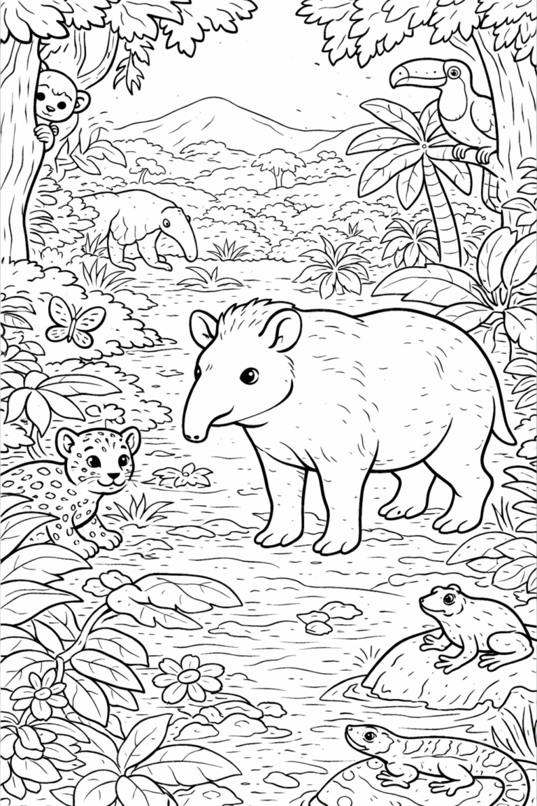 A jungle scene featuring a tapir, toucan, monkey, and other animals for children to color. The page includes lush plants and a serene forest background, encouraging creativity.