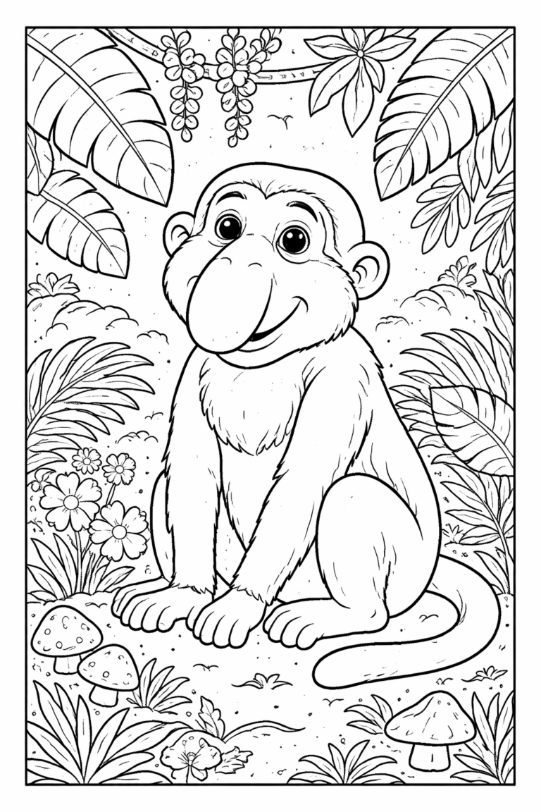 A delightful coloring page depicting a cheerful monkey in a jungle setting. The scene is filled with large leaves, blooming flowers, and mushrooms. Ideal for children who enjoy coloring animals and exploring vibrant nature themes.
