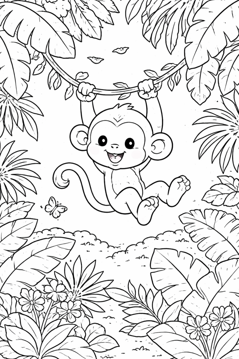 An adorable monkey swings on a vine in a lush jungle setting, surrounded by large leaves, exotic flowers, and playful butterflies. Young artists will love bringing this vibrant scene to life with colorful creativity.