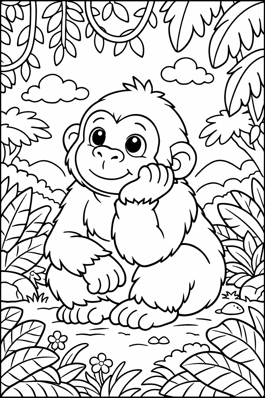 A child's coloring page featuring an adorable monkey in a jungle setting with large eyes and a peaceful expression. The monkey is surrounded by lush tropical foliage and open skies, inviting kids to color and explore vivid life in the jungle.