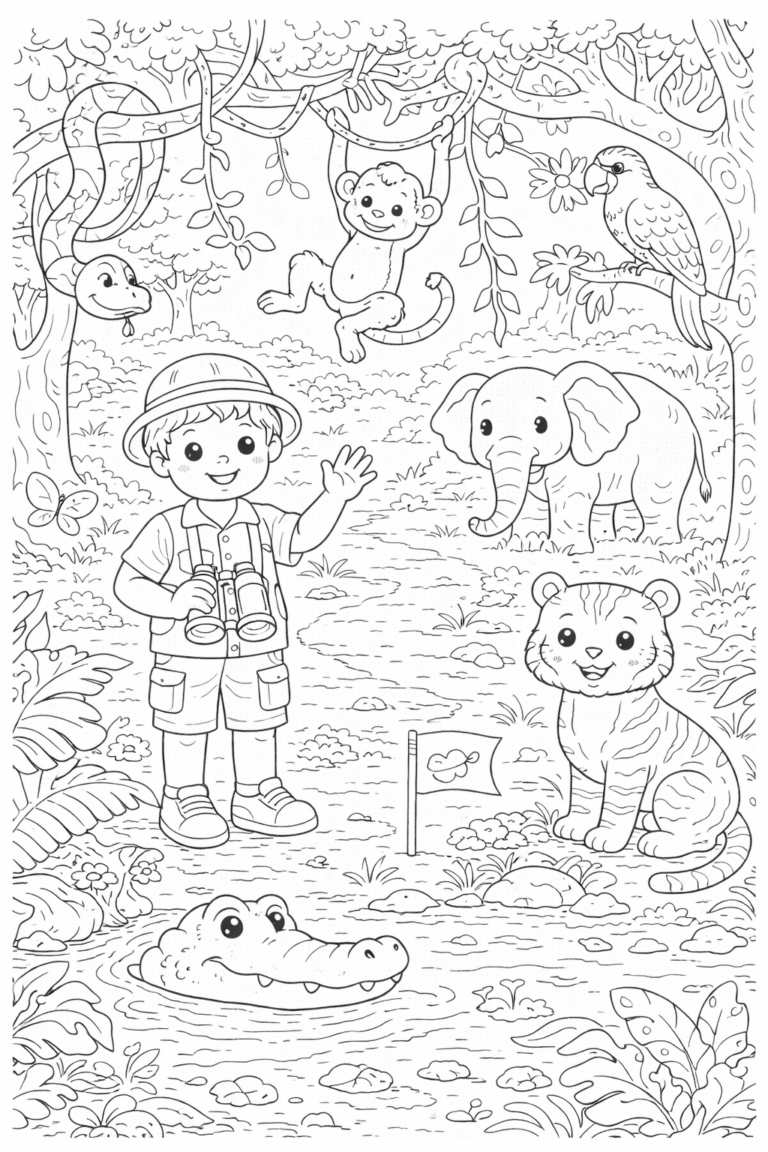 A child explorer and jungle animals like a monkey, elephant, tiger cub, snake, parrot, and crocodile. Kids can color the vibrant wildlife scene.