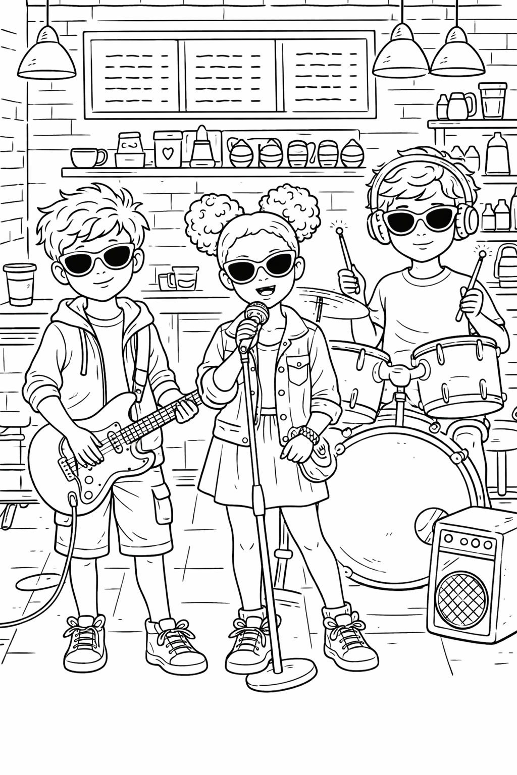 Kids band coloring page with three children playing instruments: a guitarist, a drummer, and a singer. The background is a lively setting, perfect for children to color and express their creativity.