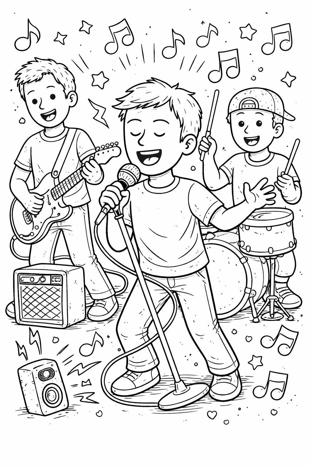Three kids are in an animated band scene. One sings holding a microphone, another strums a guitar, and the last plays drums. Musical notes float around them with stars, creating an energetic and fun atmosphere for coloring.