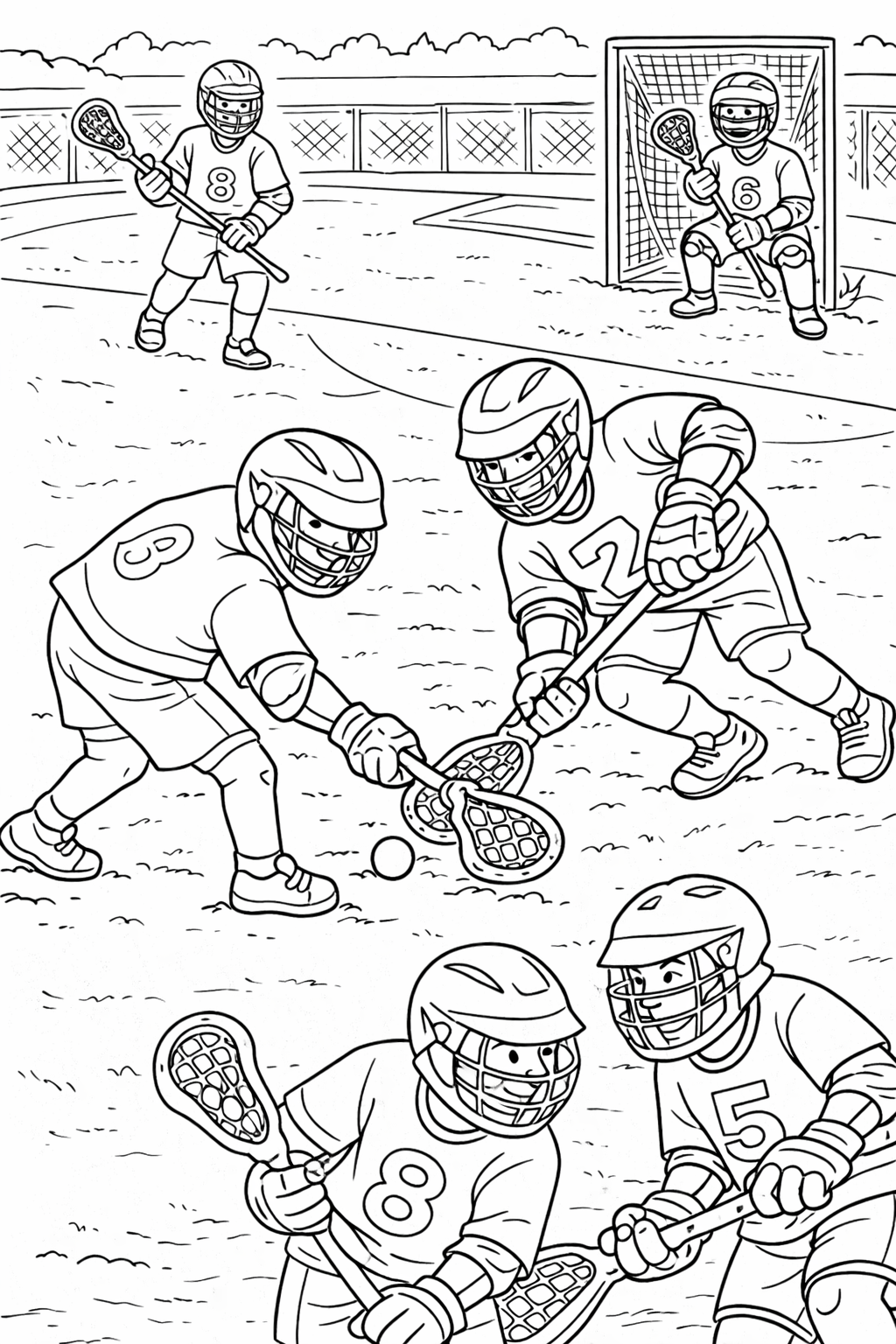Children playing lacrosse on a field, wearing helmets and padding, engaged in an exciting sports scene. This lively coloring page offers an action-packed depiction perfect for young sports fans to fill with vibrant colors.