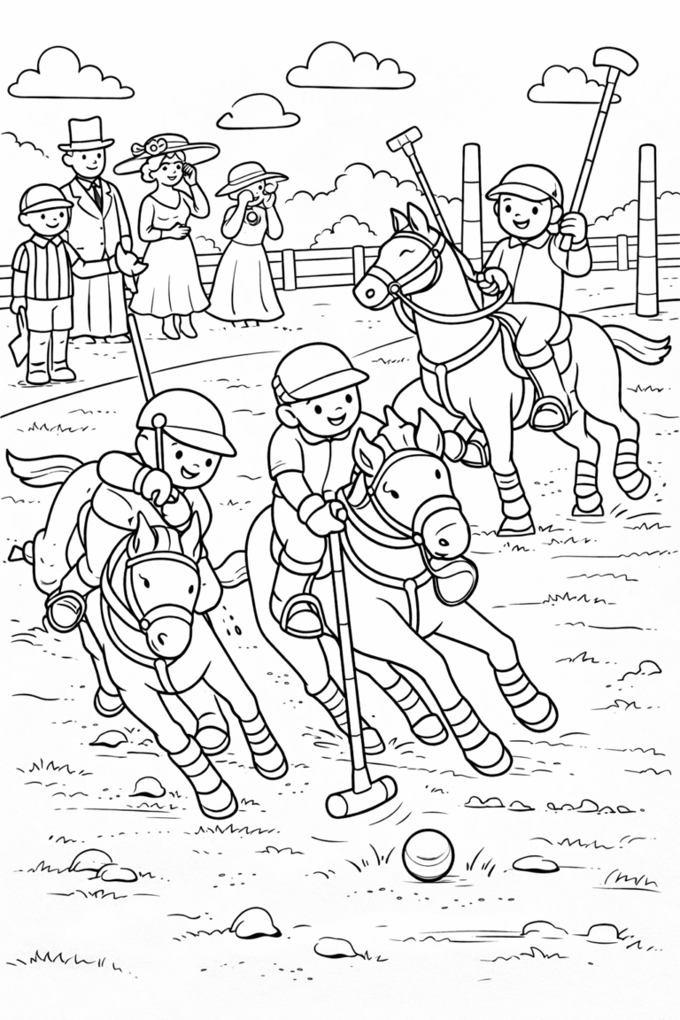 Children playing a thrilling polo game with horses and mallets as spectators watch. This coloring page brings the excitement of a dynamic sports event into an artistic activity for kids.