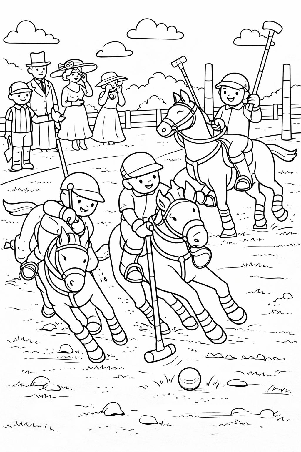 Children playing a thrilling polo game with horses and mallets as spectators watch. This coloring page brings the excitement of a dynamic sports event into an artistic activity for kids.