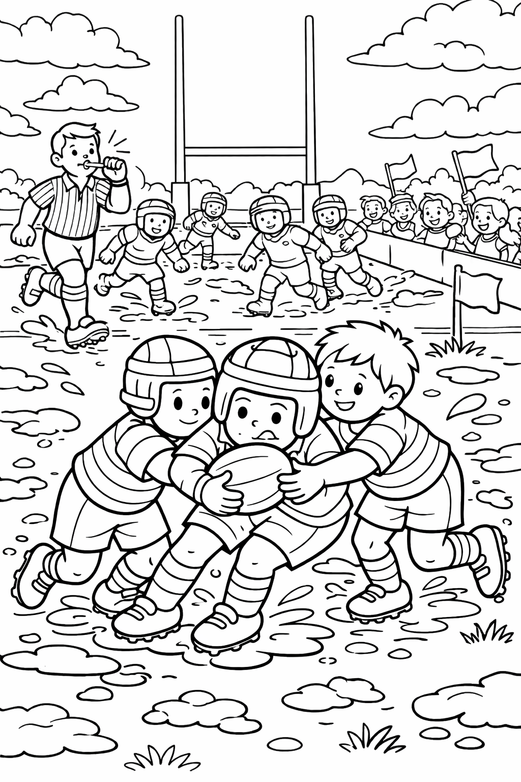 Children playing a lively rugby match, with helmets and rugby ball in action, surrounded by a cheering crowd and a background of clouds and goalposts, designed for a fun and creative coloring experience.