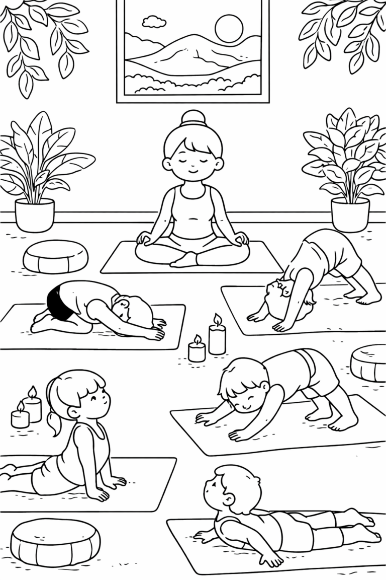 Coloring page showing children practicing yoga with an instructor. Includes various yoga poses, a peaceful room with plants and candles, and a scenic landscape on the wall, fostering mindfulness for young colorists.
