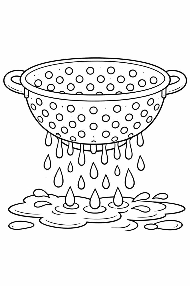 Coloring page showing a kitchen colander with water dripping from it. Ideal for children to color and learn about everyday kitchen utensils while having fun with creativity and colors.