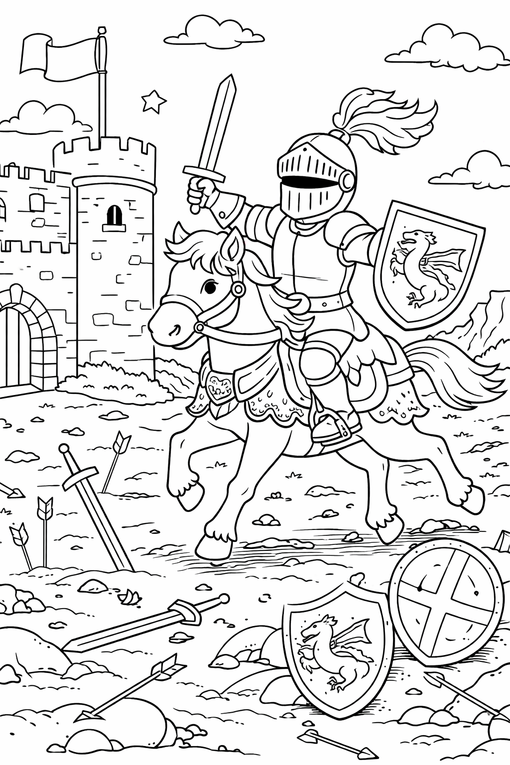 A bold knight on a horse, holding a shield with a dragon emblem, galloping through a castle setting. This coloring page invites kids to color a medieval scene full of excitement and historic imagery.