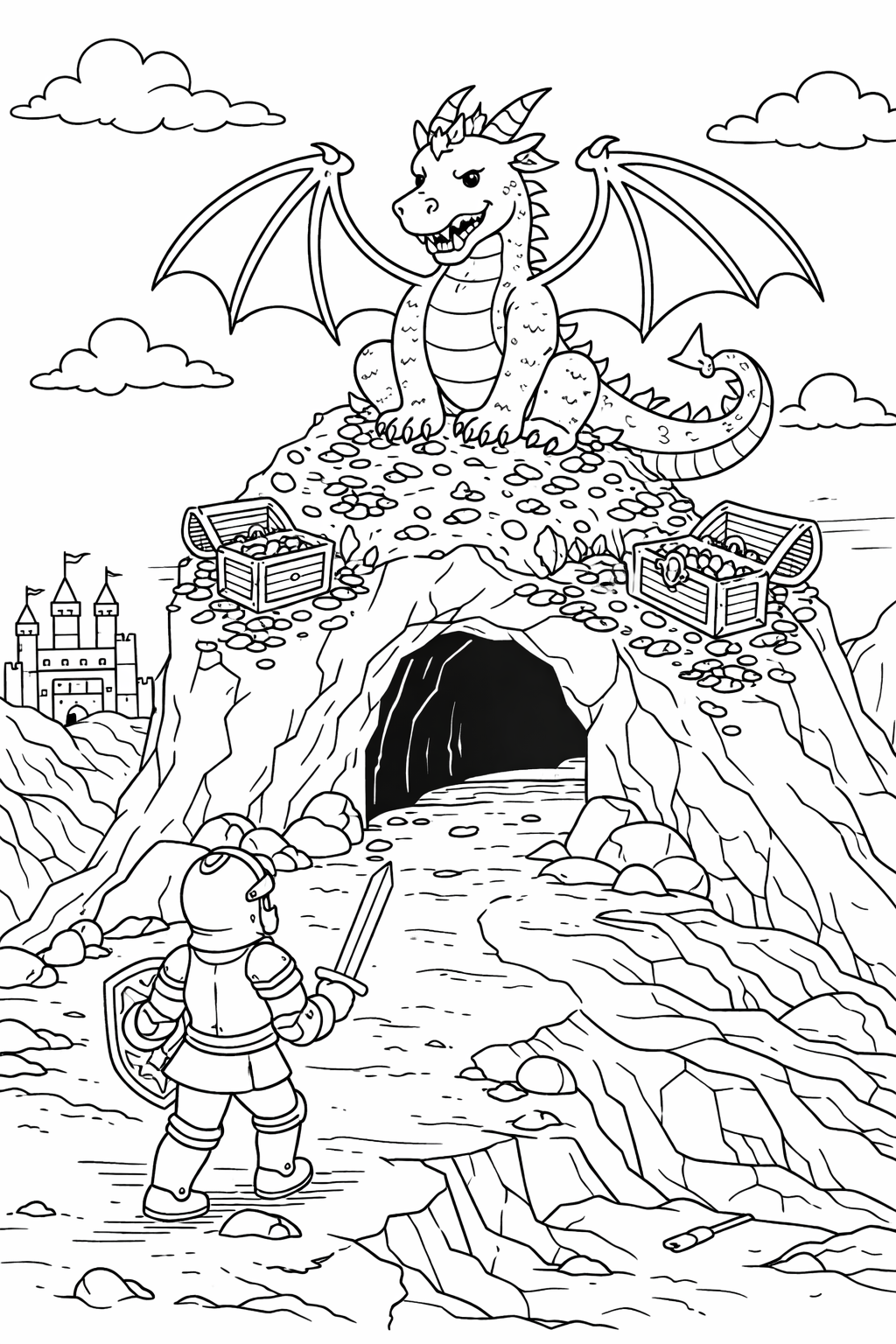 A detailed coloring page depicting a knight approaching a large dragon guarding treasure on a mountain. The scene includes a distant castle, scattered rocks, and a rugged path leading to a cave, creating an adventurous atmosphere for children to color.