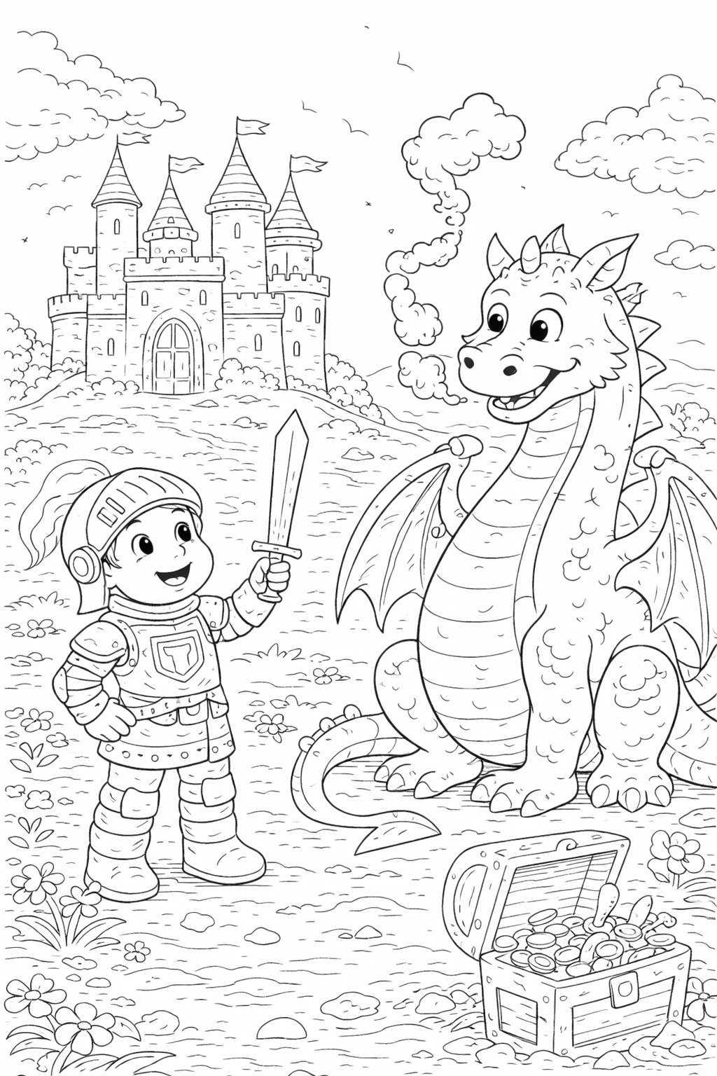 A coloring page with a knight, a dragon, a treasure chest, and a castle, designed for children to explore their creativity and imagination through coloring activities, promoting fun and educational engagement.
