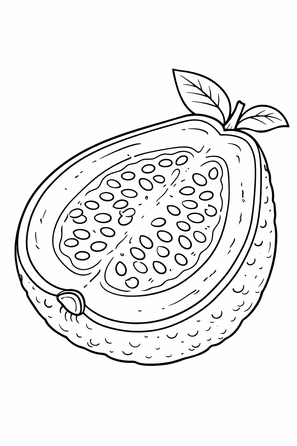 Lemon coloring page depicting a lemon cut in half with visible seeds and leaves. The outline is clear, allowing children to choose bright colors while learning about fruits.