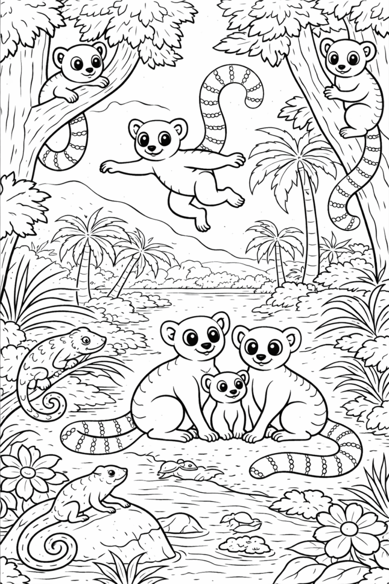 A lemur coloring page displaying lemurs in a jungle setting with trees, palms, and chameleons, encouraging kids to add vibrant colors to this lively scene.