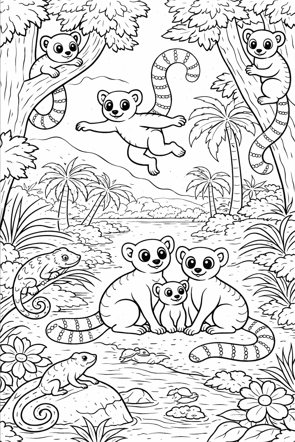 A lemur coloring page displaying lemurs in a jungle setting with trees, palms, and chameleons, encouraging kids to add vibrant colors to this lively scene.
