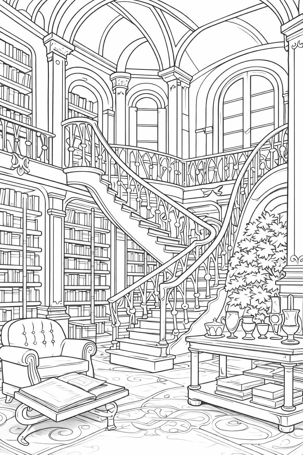 A detailed library scene with a grand staircase, bookshelves full of books, a cozy reading chair, and elegant decor elements designed for children's coloring activities.