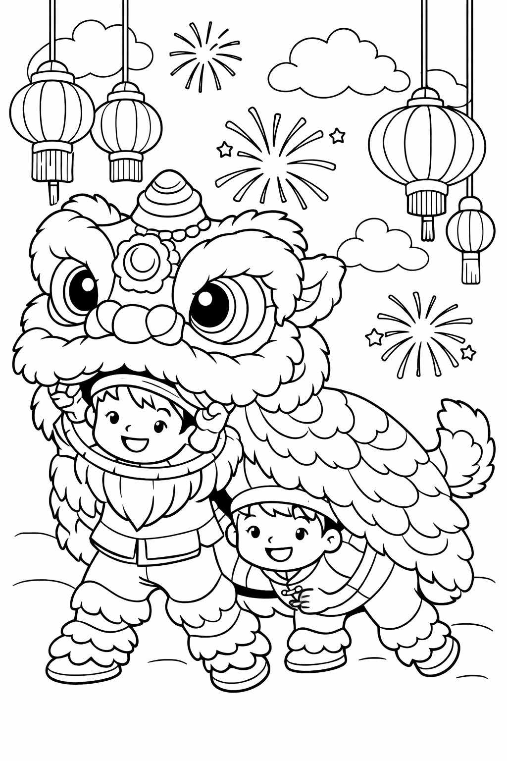 A vibrant Lion Dance coloring page showing two children under a lion costume with fireworks and hanging lanterns in the background. This depicts a traditional celebration, perfect for children's creative expression.