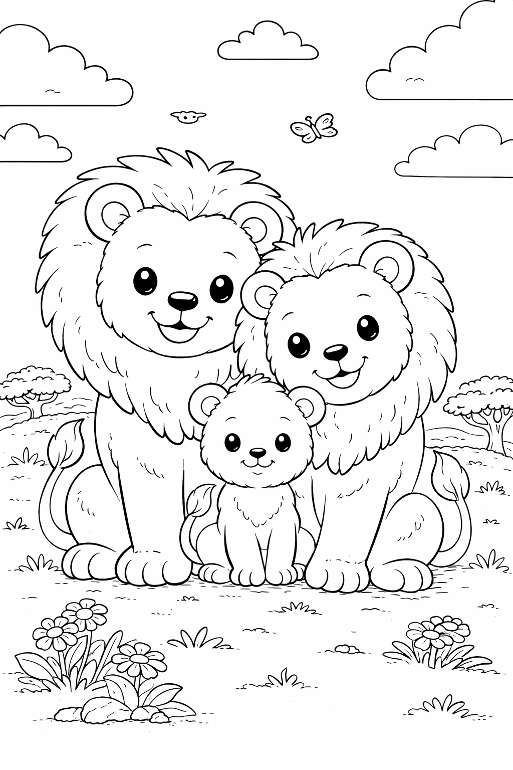 The coloring page shows a happy lion family in a grassy landscape. Two adult lions flank their cub, with additional details like butterflies, clouds, and flowers to color.