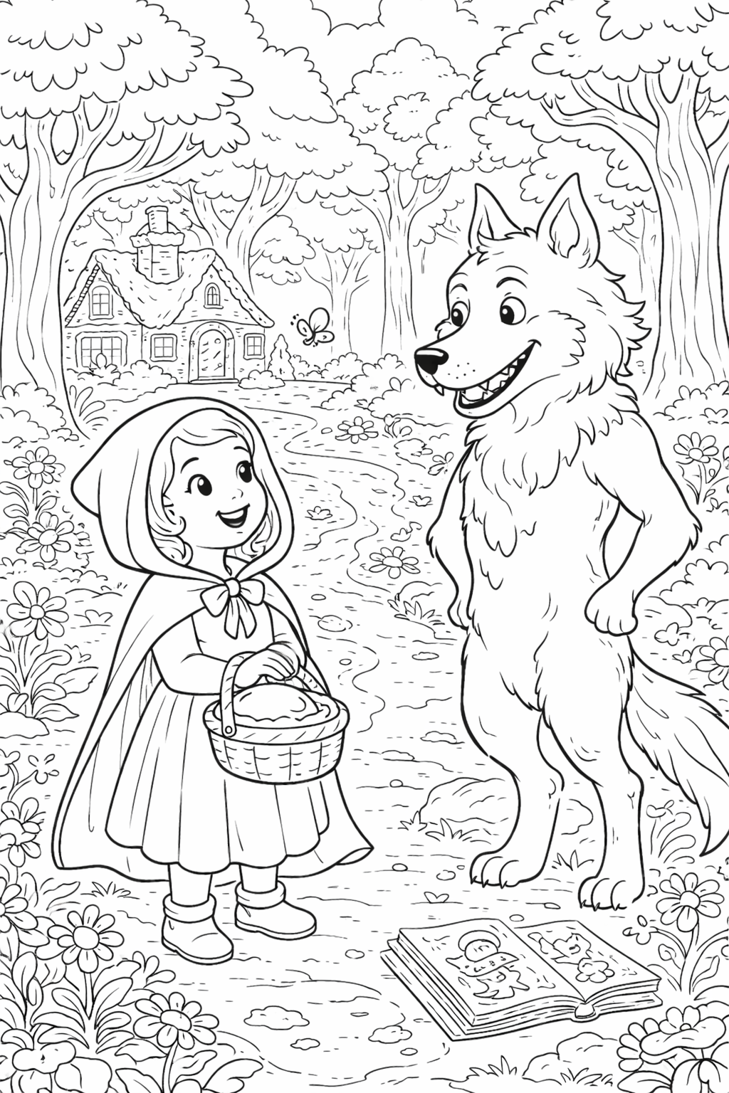 Little Red Riding Hood encounters the wolf in a magical forest setting. A whimsical cottage and playful butterfly enhance the fairy tale atmosphere for young artists to color.