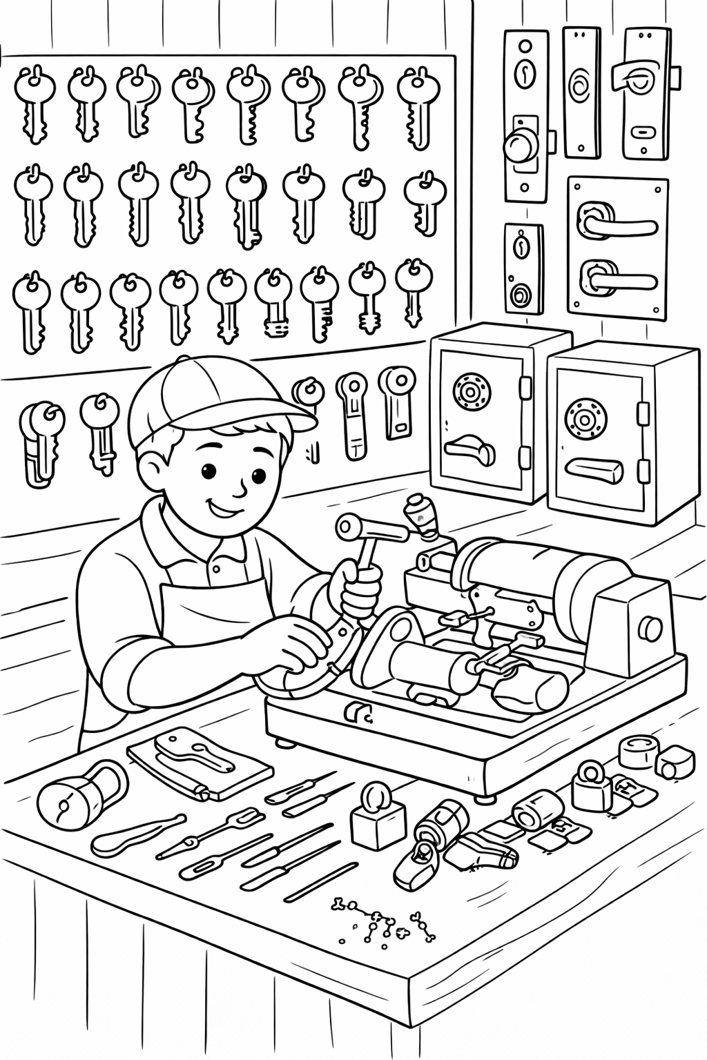 A young locksmith working with various keys, locks, and tools scattered across his shop. Children can color the detailed elements, fostering creativity and interest in the locksmith profession.