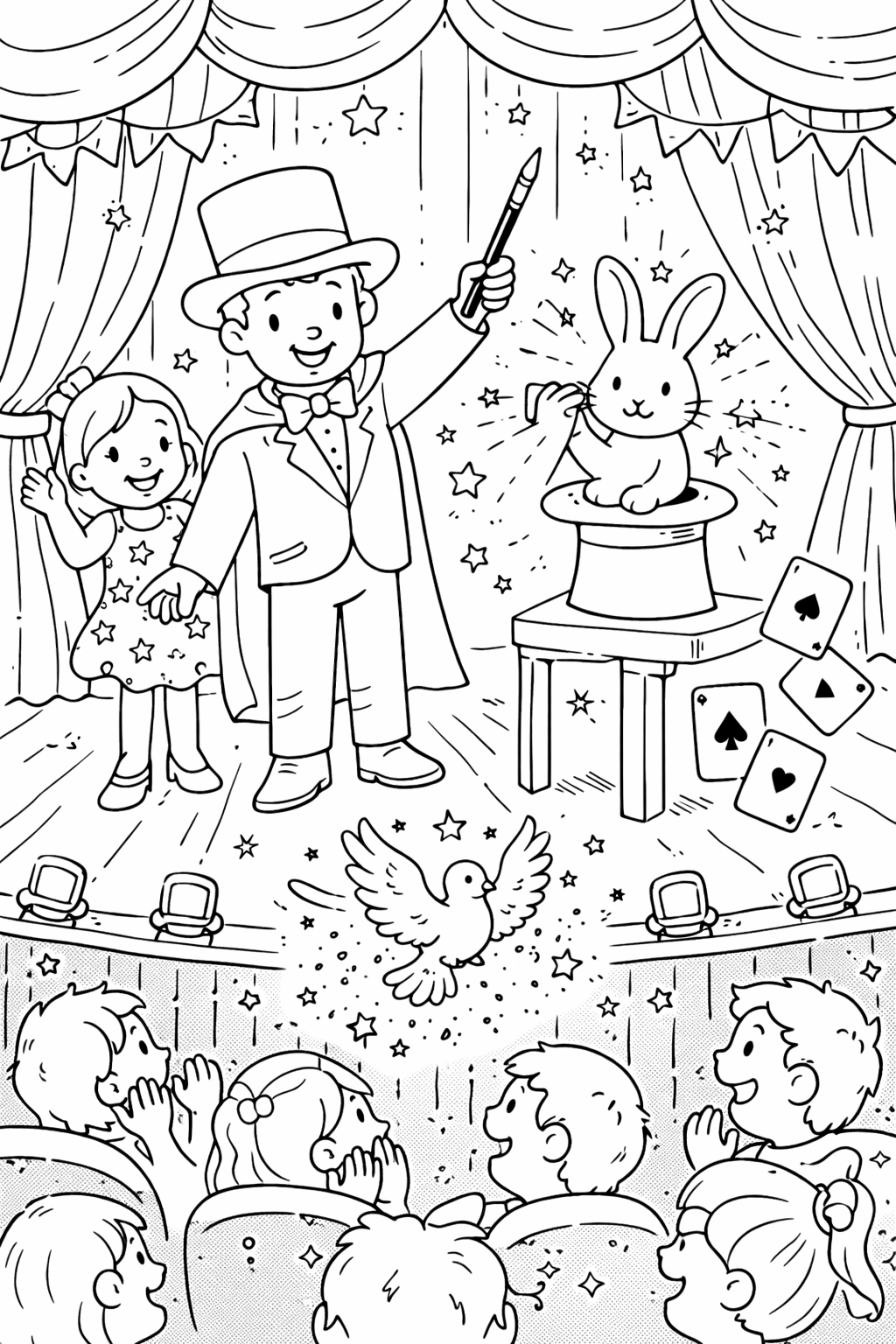 A lively coloring page shows a magician performing magic tricks on stage, with a rabbit in a hat, flying cards, and a captivated audience, perfect for children to color and enjoy.