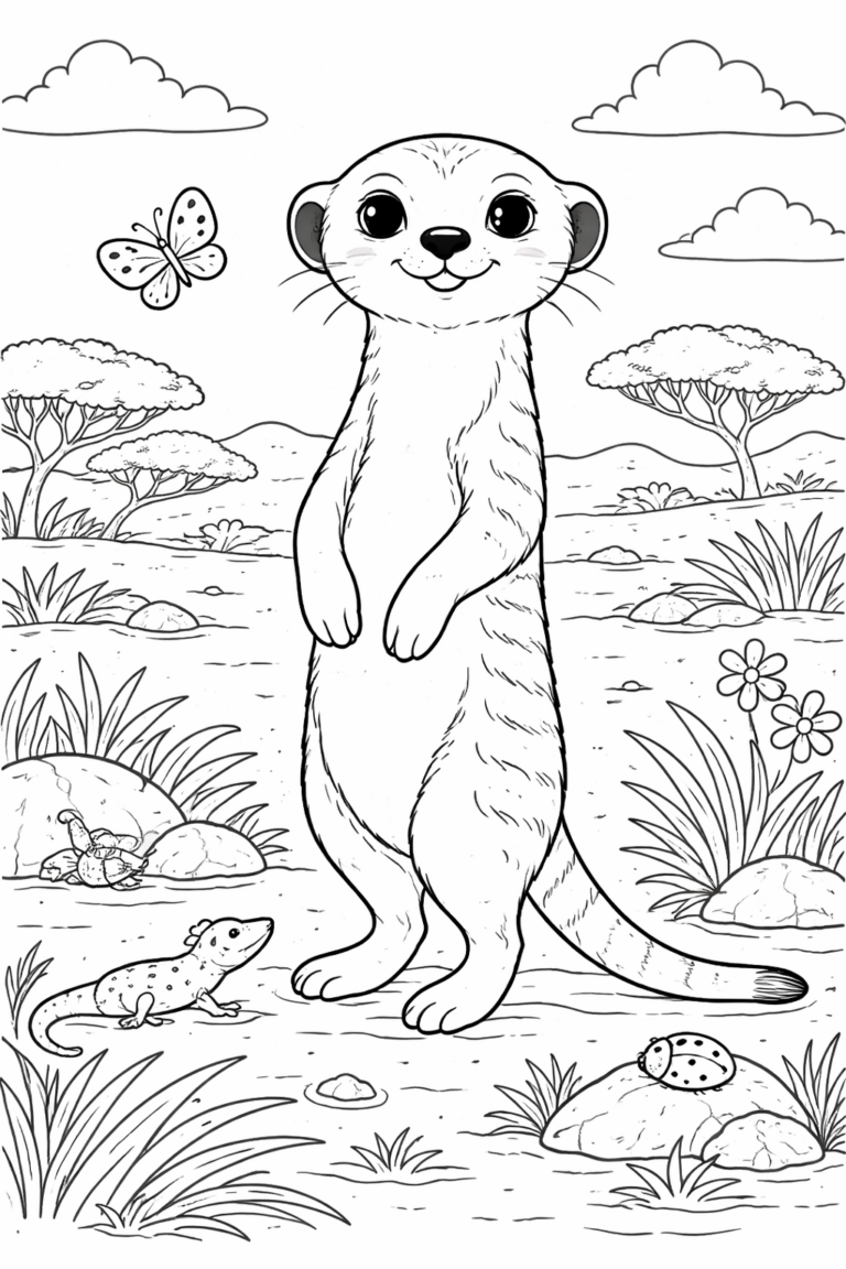 A charming meerkat stands in a natural savannah landscape, surrounded by grass, rocks, and small insects like a butterfly, ladybug, and gecko, offering children a fun coloring experience.