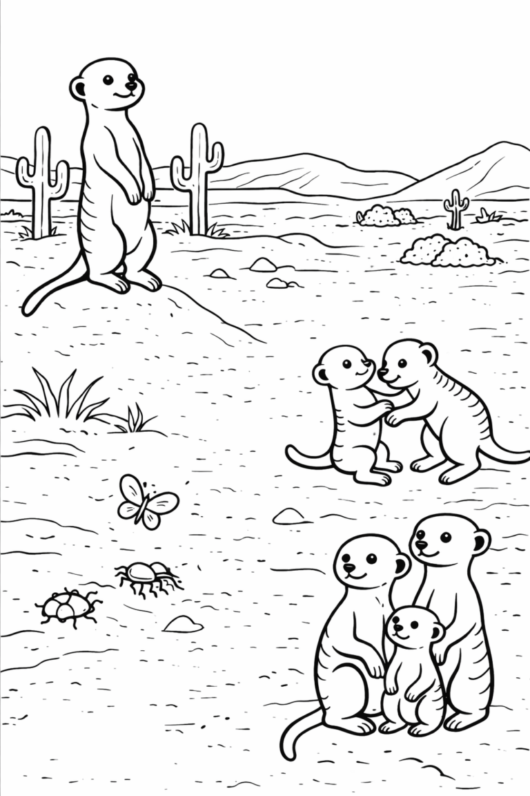 Coloring page with meerkats in a desert landscape, featuring cacti, mountains, and playful animals.