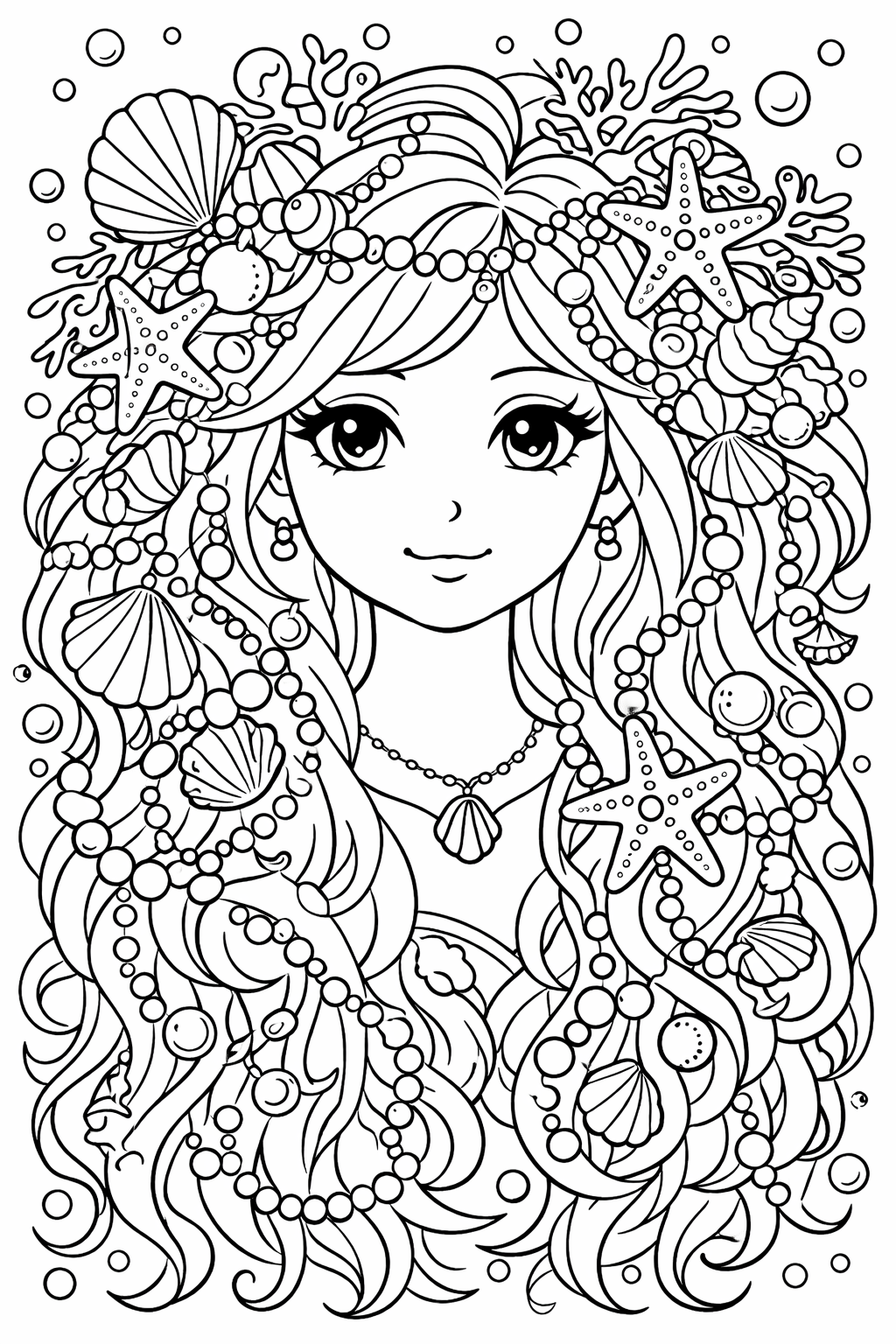 A detailed mermaid coloring page decorated with seashells, starfish, beads, and coral, perfect for children to fill with imaginative colors and bring the underwater scene to life.