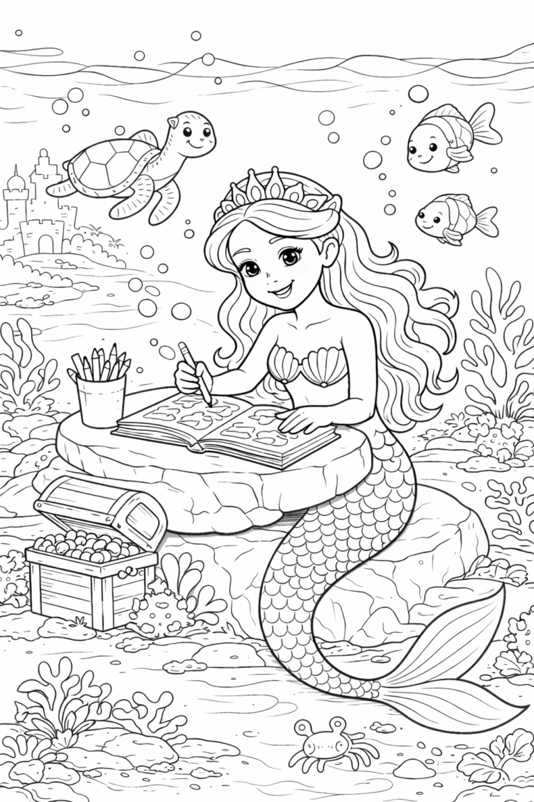 A charming mermaid coloring page with a mermaid, sea creatures, and underwater scenery, perfect for children to explore their creativity with colors.
