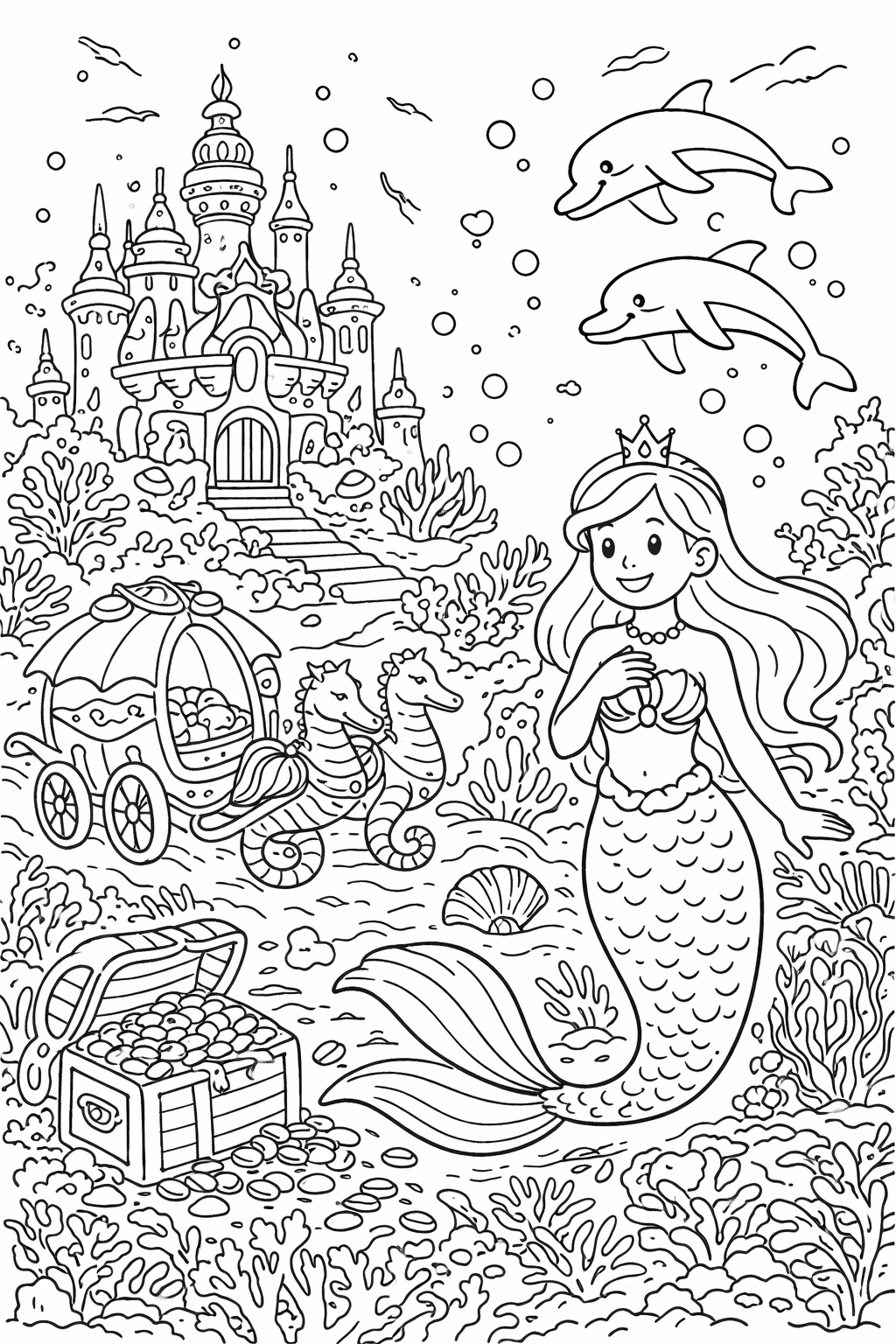 A charming underwater scene captures a friendly mermaid, two playful dolphins, and a magnificent castle. The illustration includes detailed underwater elements like coral, a treasure chest, and a seahorse-drawn carriage, creating an inviting world for coloring enthusiasts.