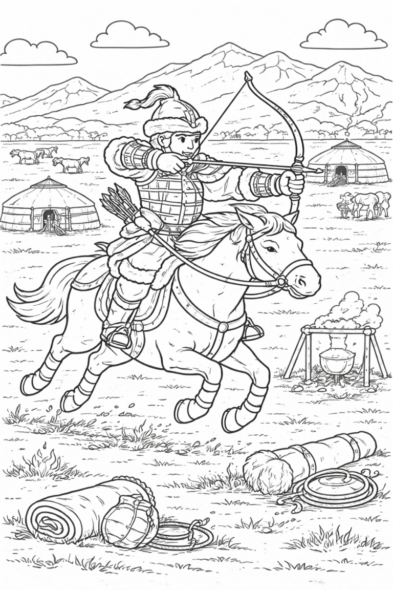 A Mongolian archer in traditional attire rides on horseback across a vast landscape with yurts and mountains in the background. Livestock grazes nearby, offering a glimpse into traditional Mongolian life and culture.