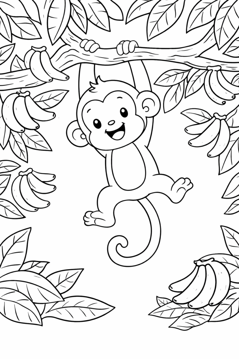 A playful monkey hanging from a tree branch with bananas and leaves, ready to be colored by children, perfect for inspiring creativity in kids who love animals and nature.