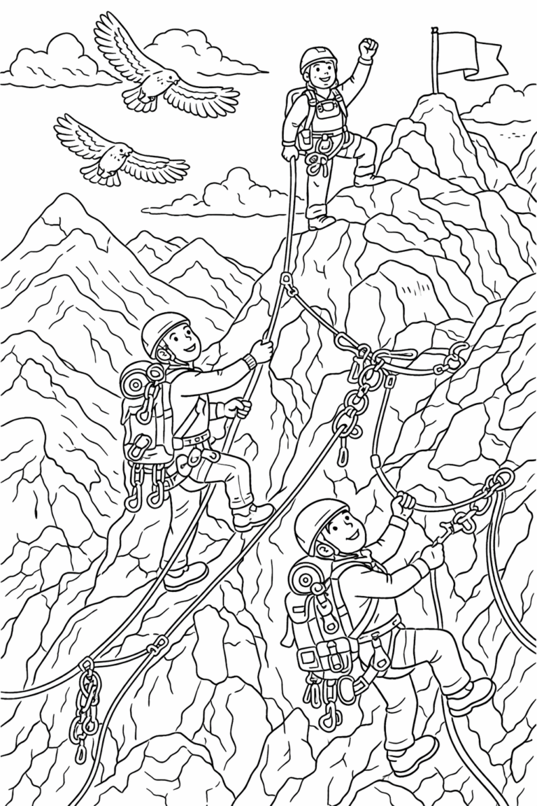 Coloring page of three kids climbing a mountain. They are wearing climbing gear, with a background of mountains and birds flying in the sky, depicting adventure and nature.